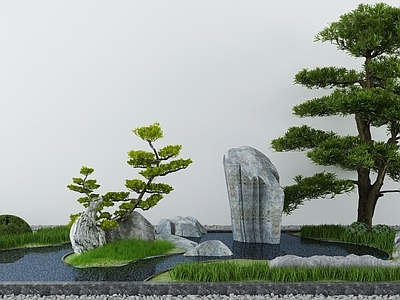 新中式庭院水景小品 枯山水石 池 造景树
