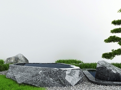 新中式庭院水景小品 枯山水石 池 造景树