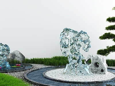 新中式庭院水景小品 枯山水石 池 造景树