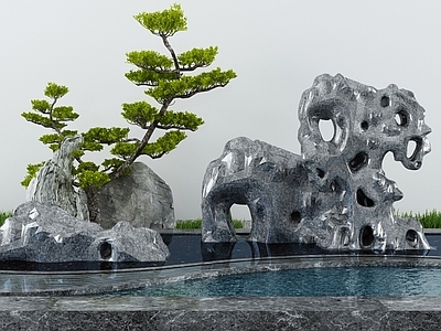 新中式庭院水景小品 枯山水石 池 造景树