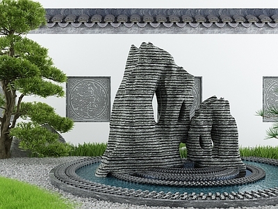 新中式庭院景观小品 池 景墙 造景树