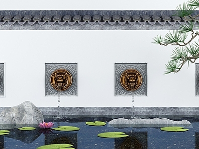 新中式庭院水景小品 池 景墙 荷花 造景树