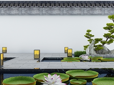 新中式庭院水景小品 枯山水石 池 景墙 荷花 造景树