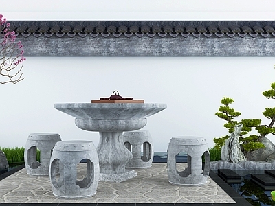 新中式庭院水景小品 枯山水石 池 景墙 荷花 造景树