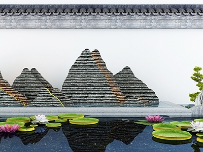 新中式水景小品 枯山水石 池 荷花 造景树