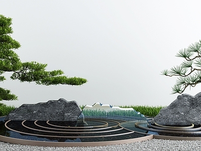 新中式假山水景 景墙 造景树