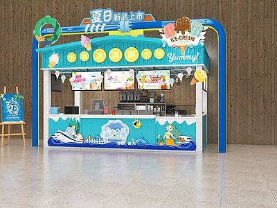 现代海洋主题奶茶店 冰淇淋店 备餐区 户外 收银