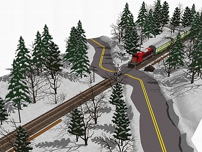 现代道路 冬天铁路交汇口景观 火车 火车铁轨 公路 雪景