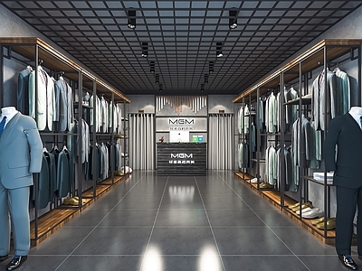 现代西服店 轻奢男士服装店 男装展示柜 衣架 裤子 西服