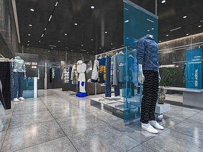 现代潮玩服装鞋店 男装店 潮流男装店铺 服装货架 中岛展台 收银台