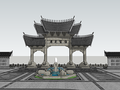 中式门楼 公园广场 中式景墙 水景