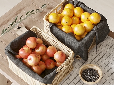 现代水果果篮 苹果 橙子 餐具用品 树枝 桌布 装饰品摆件