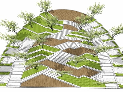 现代台阶台地景观 公园观景休闲平台 阶梯座椅 高差处理 异形种植树池