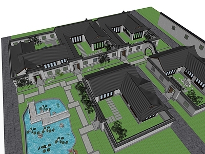 中式合院建筑 带水景花园
