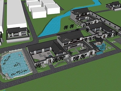 中式合院建筑 带水景花园