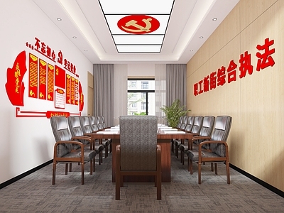 现代党建会议室 党徽 会议桌 红木桌椅 皮椅 党文化墙