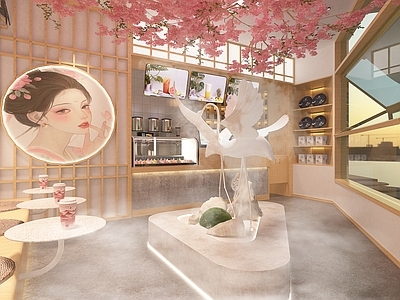 新中式奶茶店 仙鹤 备餐区 单层 收银
