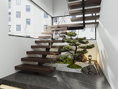 现代悬浮楼梯 植物景观 石头 景观灯