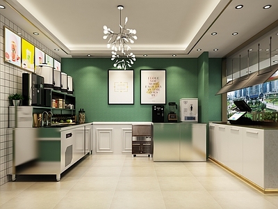 现代奶茶店 门头 操作台 备餐区 单层 收银前台