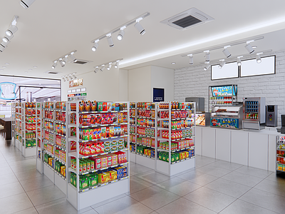 现代便利店 超市 收银台 货架 冰柜 生活用品区
