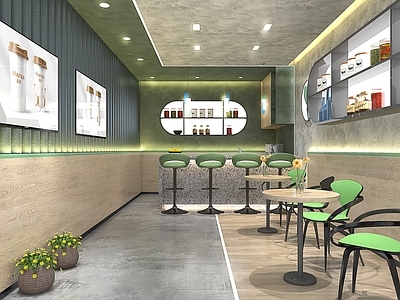 现代奶茶店 备餐区 单层 收银前台 休息区
