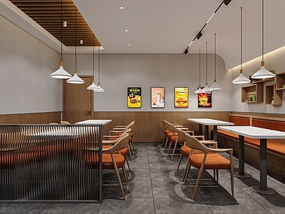 现代炸鸡店 餐饮小吃店 快餐厅 堂食 卡座 餐桌椅 吧台点餐台 明档