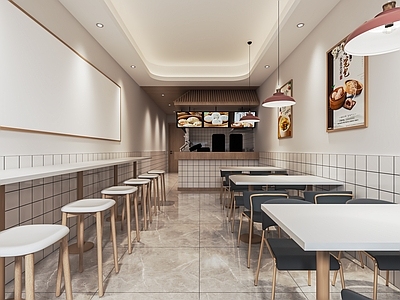 现代包子店 餐饮小吃店 快餐店 早餐店 卡座 餐桌椅 吧台点餐台 明档