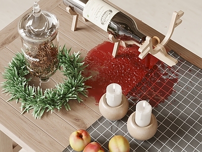 现代厨房摆件 用品 红酒酒瓶 洋酒 八角 蜡烛 桃子 桌布