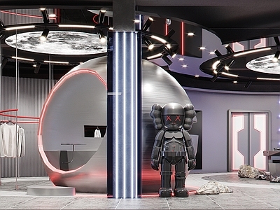现代科技风潮牌男装服装店 休息区 服装模特 kaws 太空人摆件 展台