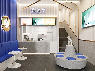 现代奶茶店 头 备餐区 收银 双层