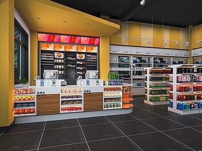 现代便利店 零食店 超市 前台 零食高柜 中岛柜 生活用品区