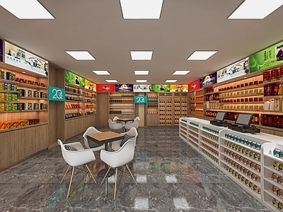 现代便利店 零食店 超市 货架 前台 收银台 零食高柜 中岛柜 冰柜 生活用品区