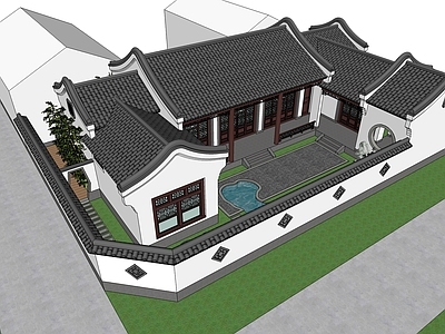 中式农村自建房 四合院 雕花 拱 带水景花园
