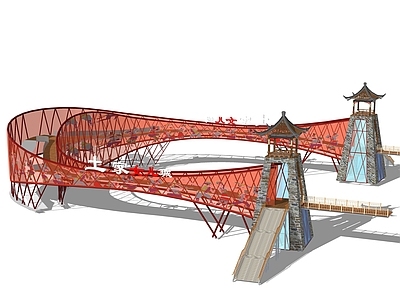 中式民族风景观桥 塔楼