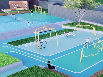现代运动公园景观 篮球场 街头篮球场 运动器械 廊架 吧台 架空层