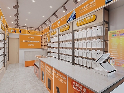现代手机配件店 配件柜 轨道射灯 收银机