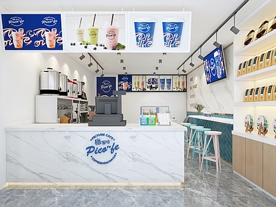 现代奶茶店 备餐区 单层 收银前台 休息区