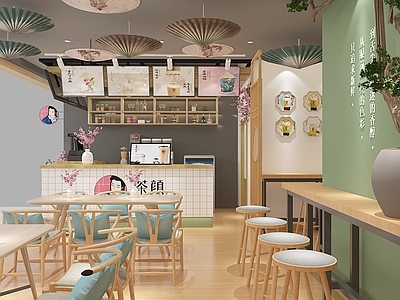 新中式奶茶店 备餐区 单层 收银
