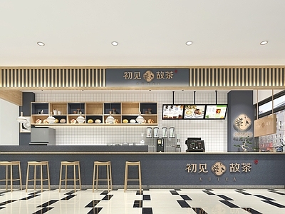 新中式奶茶店 备餐区 单层 收银