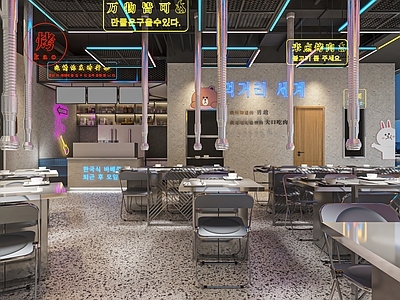 现代烤肉店 烧烤店 餐馆 餐厅 堂食 卡座 餐桌椅 墙面装饰 点餐台