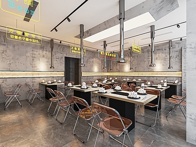 现代烤肉店 烧烤店 餐馆 餐厅 堂食 卡座 餐桌椅 墙面装饰 点餐台