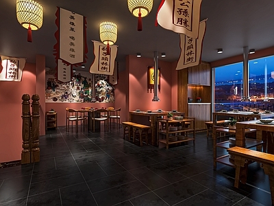 新中式烤肉店 烧烤店 餐馆 餐厅 堂食 卡座 餐桌椅 墙面装饰 点餐台