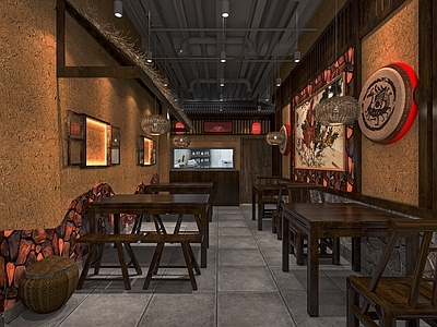 新中式烤肉店 烧烤店 餐馆 堂食 卡座 椅 装饰 点餐台