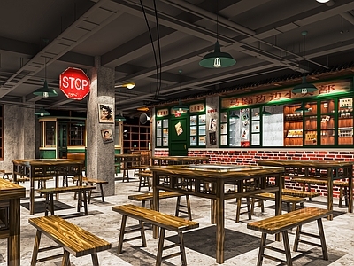 现代怀旧风烧烤店 烤肉店 餐馆 餐厅 堂食 卡座 餐桌椅 墙面装饰 点餐台