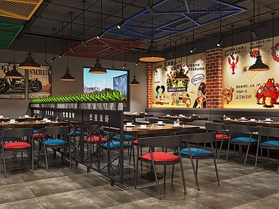 现代烤肉店 烧烤店 餐馆 餐厅 堂食 卡座 餐桌椅 墙面装饰 点餐台