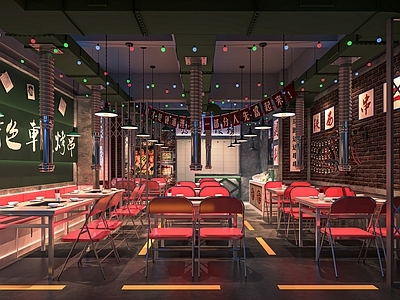 现代烤肉店 烧烤店 餐馆 餐厅 堂食 卡座 餐桌椅 墙面装饰 点餐台