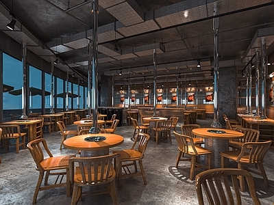 工业风烤肉店 烧烤店 餐馆 餐厅 堂食 卡座 餐桌椅 墙面装饰 点餐台