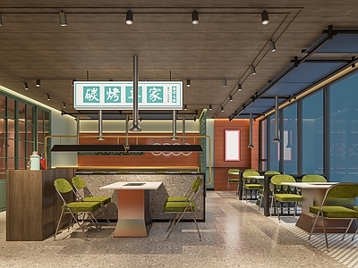 现代烤肉店 烧烤店 餐馆 餐厅 堂食 卡座 餐桌椅 墙面装饰 点餐台