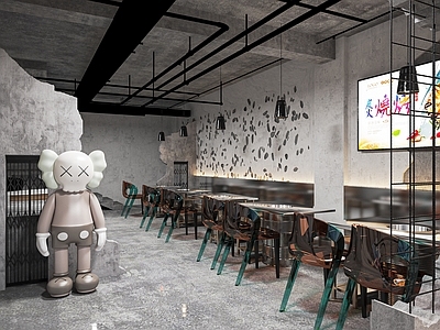 工业风烧烤店 烤肉店 餐饮小吃店 快餐店 堂食 卡座 餐桌椅 墙面装饰