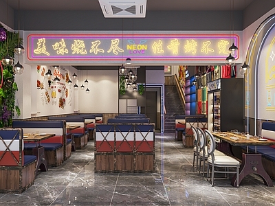 现代烧烤店 烤肉店 餐饮小吃店 快餐店 堂食 卡座 餐桌椅 墙面装饰